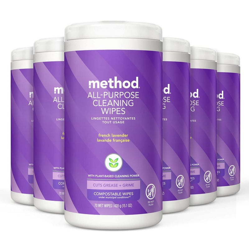 Method All-Purpose Cleaning Wipes, French Lavender, Multi-Surface, Compostable, 70 Count (Pack of 6) - Image 1